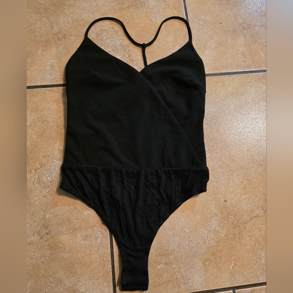 Lulu's Black Wrap-Front Spaghetti Strap Bodysuit … - image 1